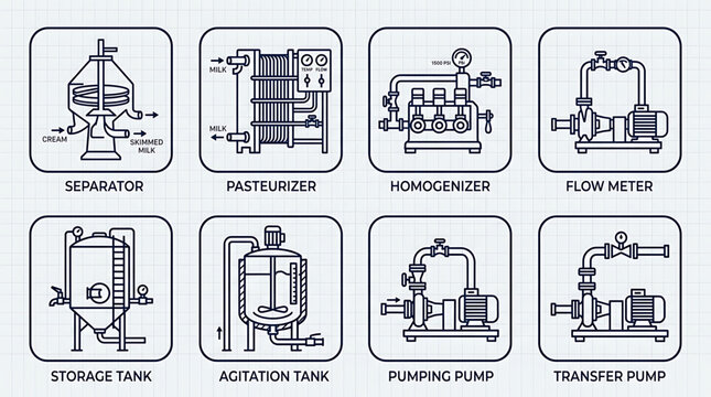Industrial equipment for milk processing includes a separator, pasteurizer, homogenizer, and storage tank.
