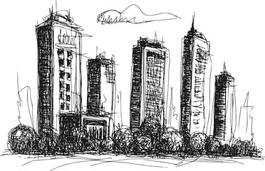高い超高層ビルと豊かな木々が描かれた現代の都市のスカイラインの手書き白黒イラスト © Tawsif