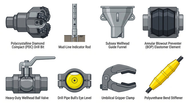 Illustration of geotechnical drilling and subsea wellhead components: PDC drill bit, BOP element, guide funnel, and bend stiffener.