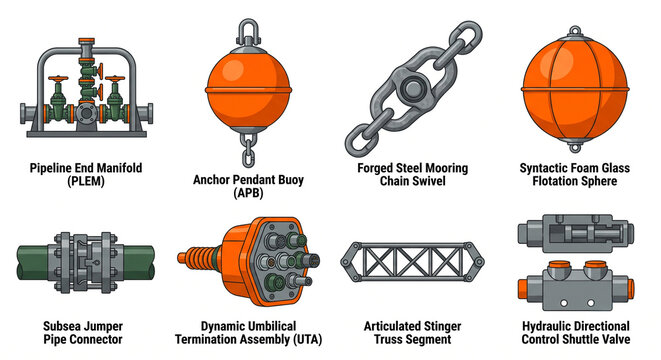 Illustration of an icon pack of deepwater mooring and subsea pipeline infrastructure components, including manifolds, buoys, swivels, and valves.