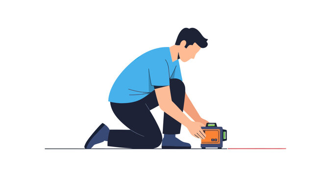 Worker using self leveling rotary laser level tool.