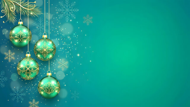Elegant green background Christmas balls banner with text space