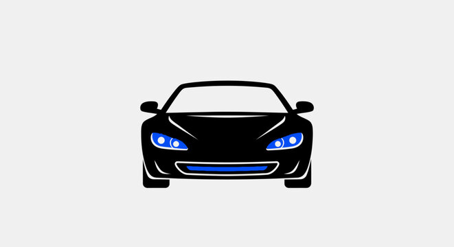 A simple illustration of a generic black vehicle with blue headlights on a white background