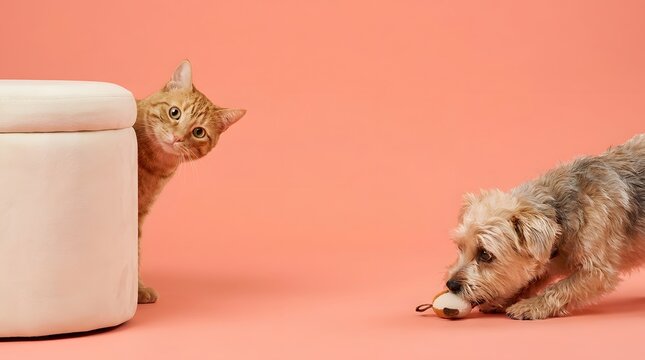 Orange cat peeking from stool and small dog playing with toy on pink background with large copy space.
