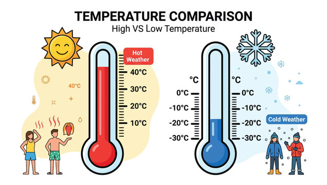 Educational infographic comparing hot and cold weather conditions using thermometers people with thermometers seasonal icons