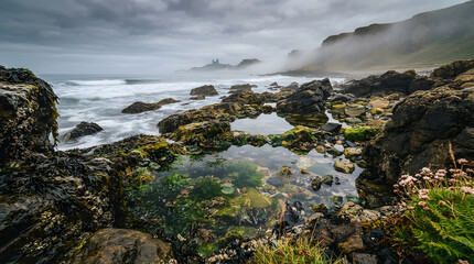 Fototapeta premium Rocky coastline with tide pools. Ocean waves crashing on rugged shoreline