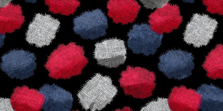 Red blue and white fuzzy textured circles arranged on black background create a playful fabric inspired pattern for design use