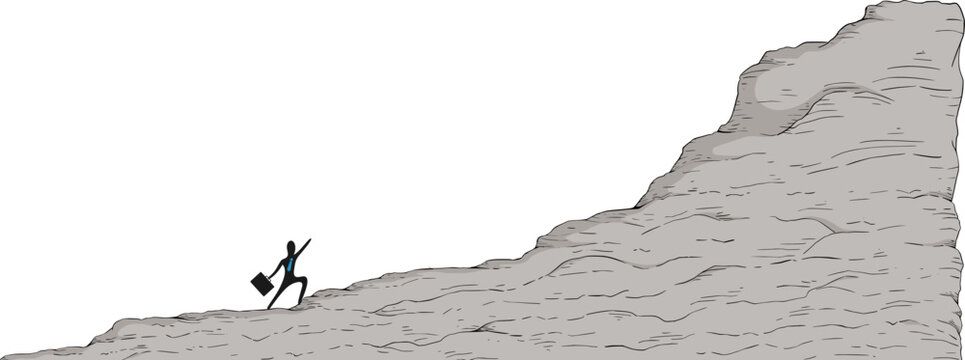 Businessman climbing a steep mountain, symbolizing ambition, resilience, strategic growth, determination, and ultimate professional success.