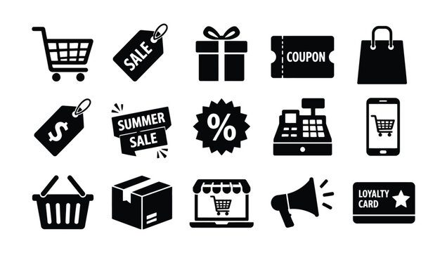 Set of flat black e commerce and retail icons representing shopping cart gift box sale tag coupon with collection fifteen minimalist