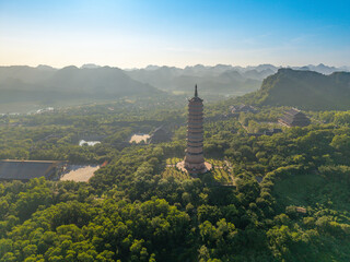 Obraz premium Aerial morning view of Bai Dinh pagoda and mountains in Ninh Binh province, Vietnam
