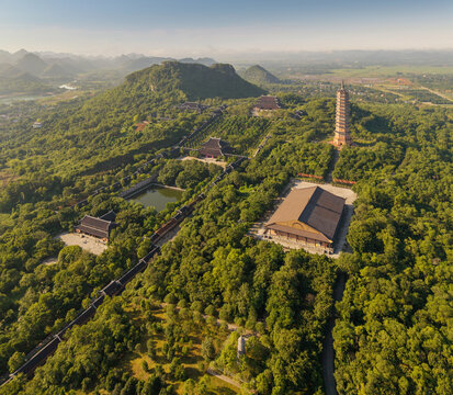 Aerial morning view of Bai Dinh pagoda and mountains in Ninh Binh province, Vietnam