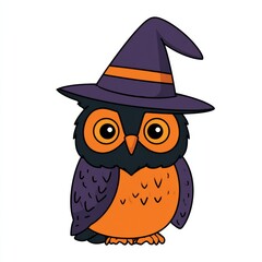 Fototapeta premium Owl dressed in a witch hat stands alone against a white background, ready to bring Halloween joy with bold colors and simple design.