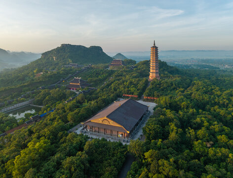 Aerial morning view of Bai Dinh pagoda and mountains in Ninh Binh province, Vietnam