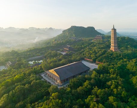 Aerial morning view of Bai Dinh pagoda and mountains in Ninh Binh province, Vietnam