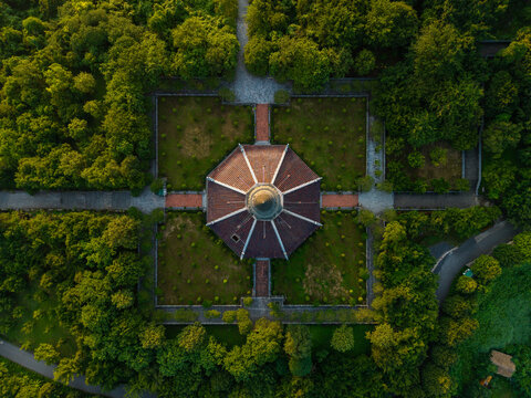 Aerial morning view of Bai Dinh pagoda and mountains in Ninh Binh province, Vietnam