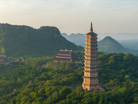 Aerial morning view of Bai Dinh pagoda and mountains in Ninh Binh province, Vietnam