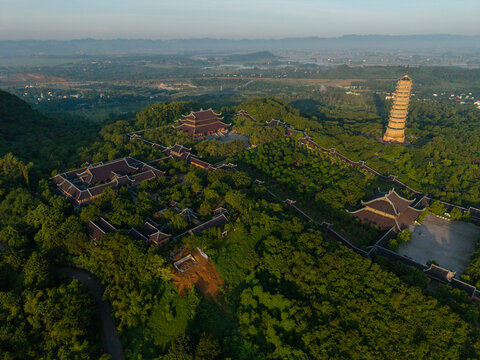 Aerial morning view of Bai Dinh pagoda and mountains in Ninh Binh province, Vietnam