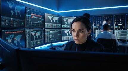 Fototapeta premium Female cybersecurity expert monitoring critical threat levels on multiple screens in high tech data center