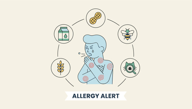 Allergy alert infographic showing man sneezing with red skin rash surrounded by common food and insect allergen icons.