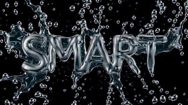 Water forms the word smart in a clear and bold style. The liquid shape creates splashes around the letters, emphasizing movement and texture in a dark background.
