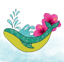 Cute cartoon whale with ocean waves and pink hibiscus flowers, colorful tropical marine illustration isolated on white background, perfect for summer, nature, vacation, and aquatic themes. © Linda Kurniawan