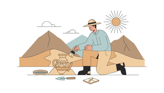 Professional male archaeologist in hat carefully cleans ancient ceramic vase using brush on dusty historic excavation site.