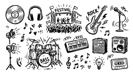 Fototapeta na wymiar Music concert festival audio equipment doodle collection featuring various hand-drawn instruments, stage elements, and sound symbols for entertainment themes.
