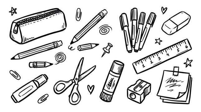 Essential school supplies doodle art featuring pencils, markers, ruler, eraser, scissors, and a pencil case for learning and creativity.