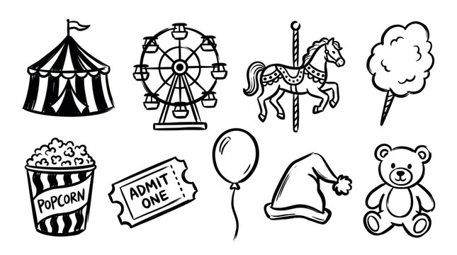 Carnival fair circus amusement park elements collection featuring hand-drawn illustrations of rides, treats, and fun attractions in a playful doodle style.