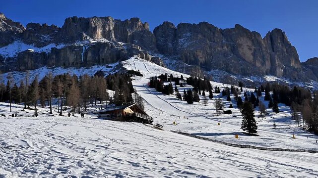 Beauty and fun at the foot of the Catinaccio. The Dolomites in winter.