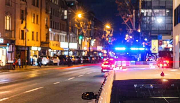 A nighttime city scene with police car lights flashing and blurred traffic. Buildings are lit