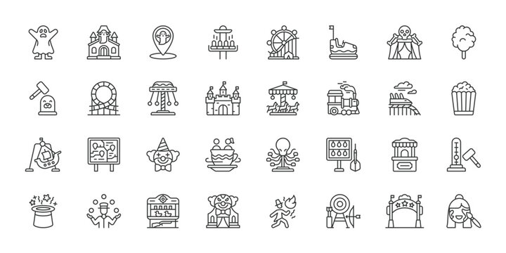 Theme Park icons in line design. theme park, amusement, rides, attraction, entertainment, carnival, recreation on white background vector. Theme Park editable stroke icons.
