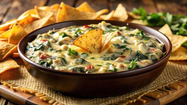 Warm spinach artichoke dip creamy and cheesy with melted mozzarella and paprika paired with crisp tortilla chips