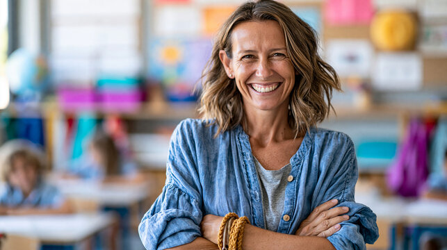 Portrait of happy elementary school teacher standing with arms crossed in classroom looking at camera, confident educator concept, school photography, blurred classroom