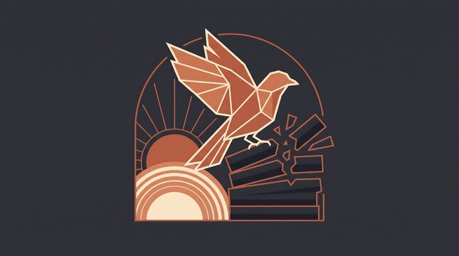 Geometric stylized bird flying over a broken stack of books at sunset.