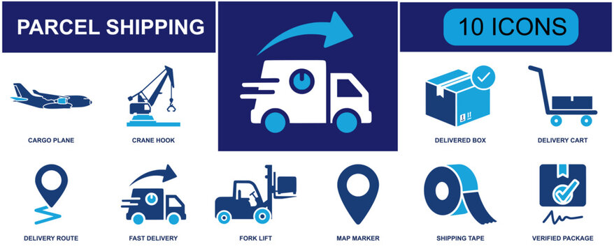 Parcel shipping icon set. Containing cargo plane, crane hook, delivered box, delivery cart, route, fast delivery, forklift, map marker, tape and verified package. Solid fill vector icons.