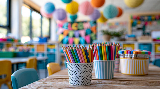 Vibrant kindergarten classroom with welcome back to school decorations and educational supplies, early childhood environment concept, classroom photography, blurred classroom