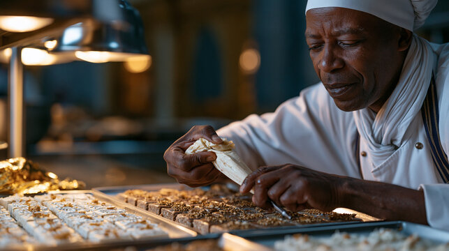 A pastry chef pipes intricate Diwali mithai decorations onto trays of barfi using a fine nozzle in a commercial kitchen, edible gold leaf nearby, stainless surfaces polished under