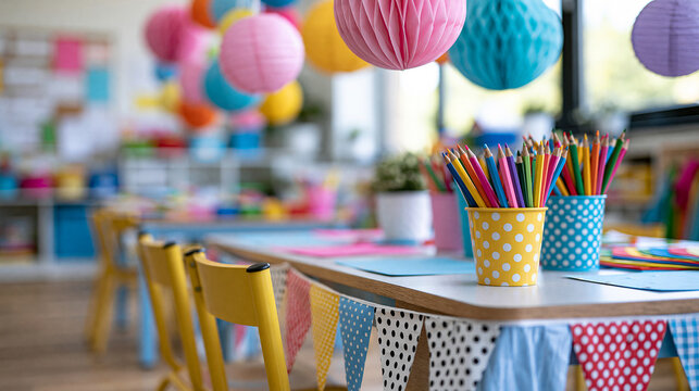 Vibrant kindergarten classroom with welcome back to school decorations and educational supplies, early childhood environment concept, classroom photography, blurred classroom