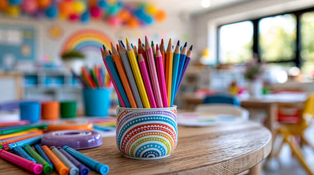 Vibrant kindergarten classroom with welcome back to school decorations and educational supplies, early childhood environment concept, classroom photography, blurred classroom
