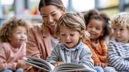 Fototapeta premium Faceless smiling teacher engaging diverse young children while reading storybook in classroom setting fostering love for learning, early literacy concept, education photography,