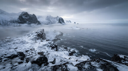 Fototapeta premium Snowy rocky coastline. Frosty ocean landscape with rugged shoreline