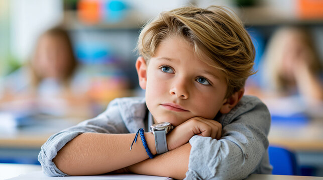 Bored elementary school student daydreaming in class representing student engagement challenges, classroom attention concept, school photography, blurred classroom background,