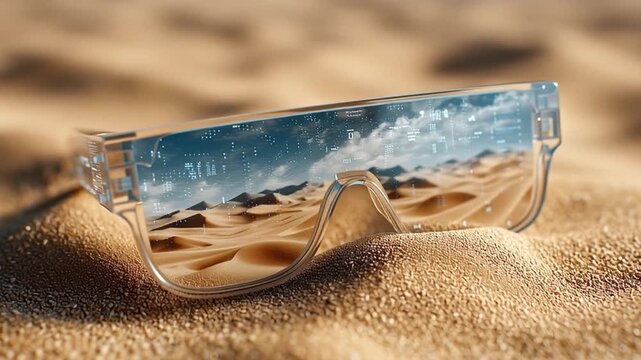 Curious Emotion. Futuristic Glasses Displaying A Desert Landscape And Digital Graphics Sitting On Sand, Showcasing Innovative Technology And Imaginary Features In Natural Setting. Tech Concept.