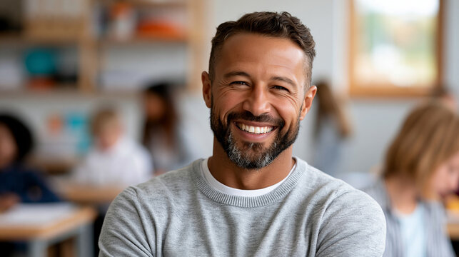 Faceless happy multiethnic male teacher smiling at primary school in professional educator portrait, inclusive teaching concept, school photography, blurred classroom background,
