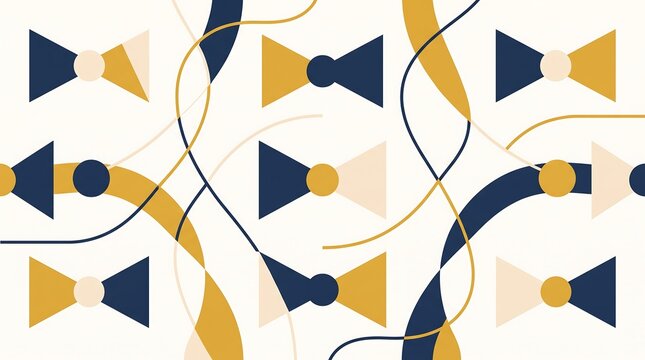 Abstract geometric pattern with bow tie shapes and flowing curved lines in navy blue and gold.