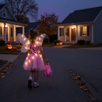 young girl dressed as fairy trick or treating with pumpkin lanterns on halloween evening in suburban street