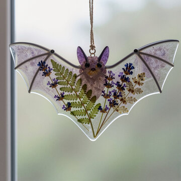 decorative glass bat ornament featuring pressed flowers and greenery hanging near a window