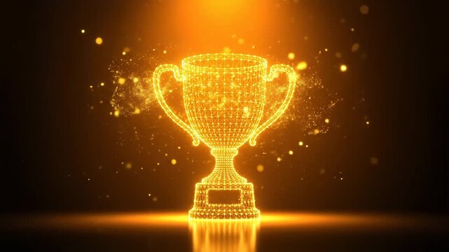 A glowing golden digital wireframe trophy standing under a spotlight with shimmering bokeh particles on a reflective surface
