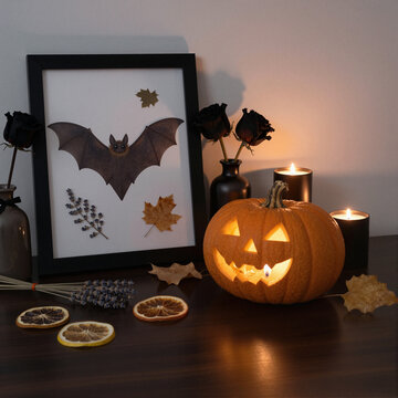halloween decor with carved pumpkin and bat art in dimly lit room creating spooky festive atmosphere